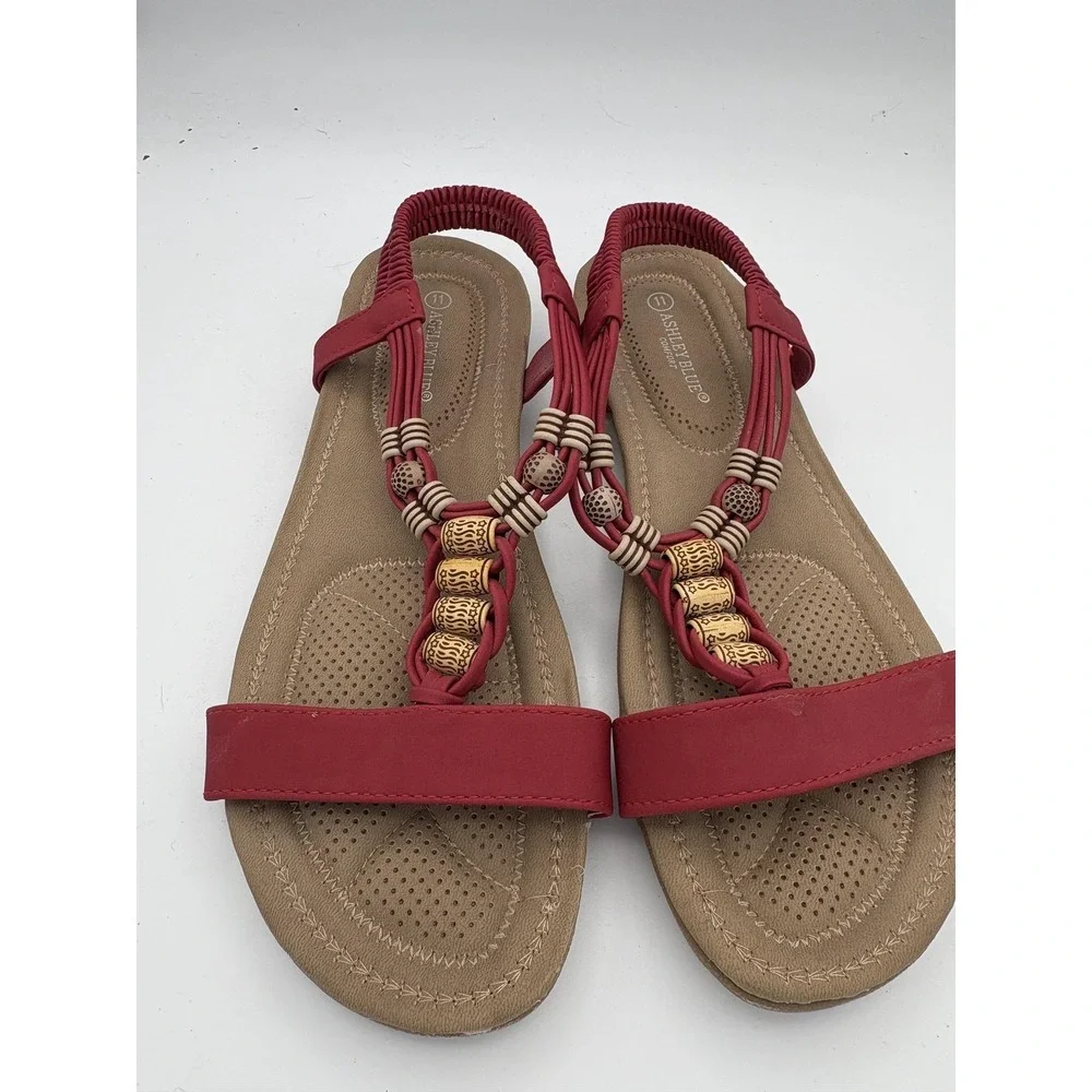 Ashley Blue Shoes Womens Size 11 Red Beaded Strappy Sandals Slip On Comfort